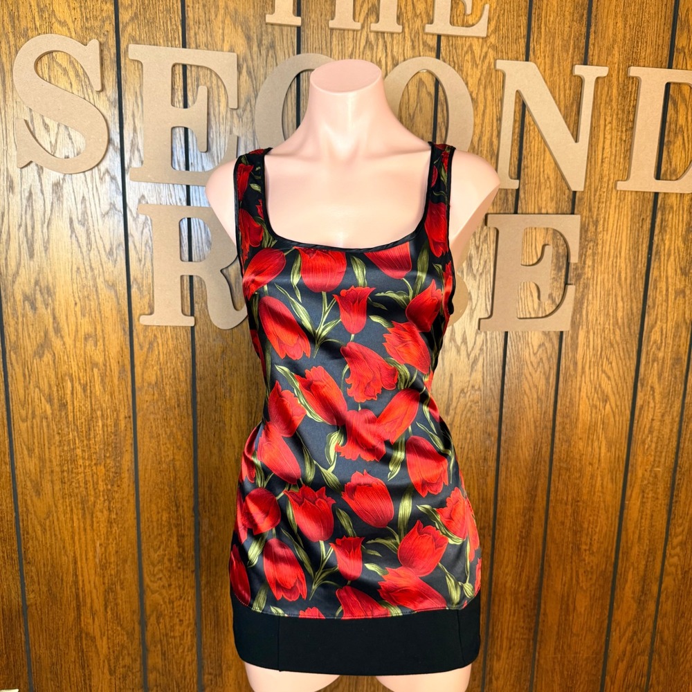 Vintage Floral Tank Top Women Large Black Red Tulip Satin Y2K Grunge Indie Retro